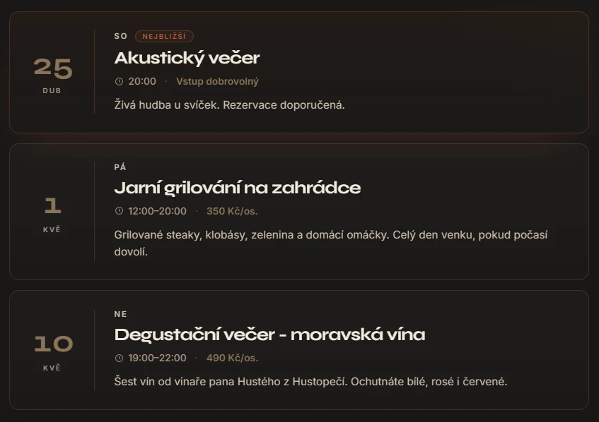 Kalendář akcí na webu restaurace